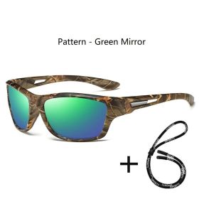 Fashion Camouflage Pattern Sports Polarized Sun Glasses With Chain Men Women Cycling Climbing Skiing Sunglasses UV400 Eyewear (Lenses Color: Chain-D668GreenMirro)