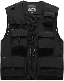 Mens 3 Solid Color Plaid Vests Zip Placket Waterproof Coats (Color: BLACK-4XL)